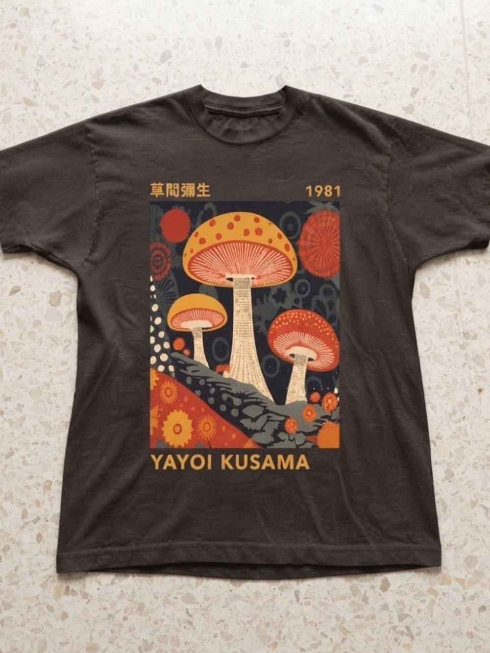 Yayoi Kusama Mushroom Art Graphic Black Gildan T-shirt